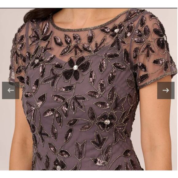 Adrianna Papell Hand Beaded Short Sleeve Floral Godet Gown in Moonscape Dress 0 - Picture 5 of 12